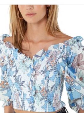 Hale Bob Blue Floral Smocked Off-Shoulder Crop Blouse